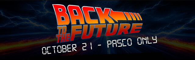 Back to the Future. Playing October twenty first only at Fairchild Cinemas Pasco. 
